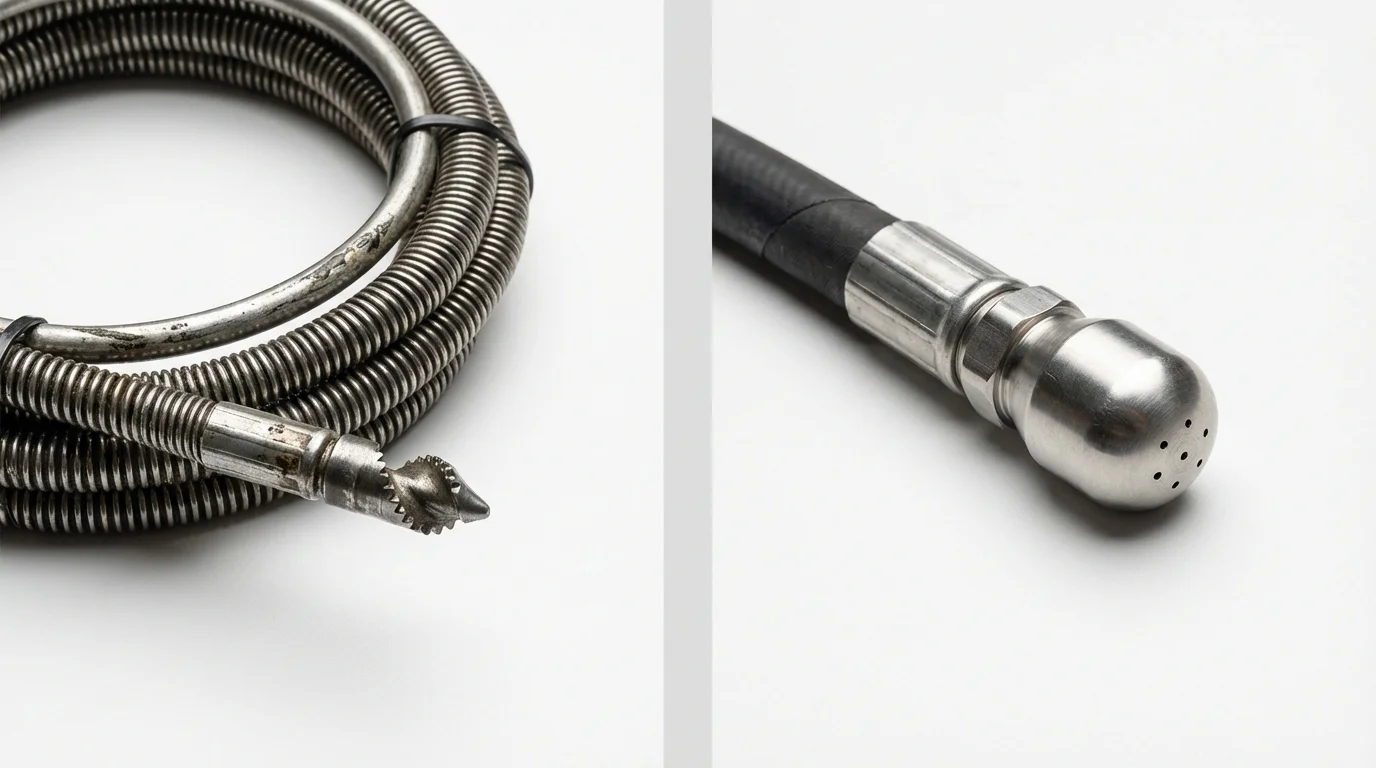 Drain snake cable and hydro jetting nozzle used for drain cleaning in Manchester, CT