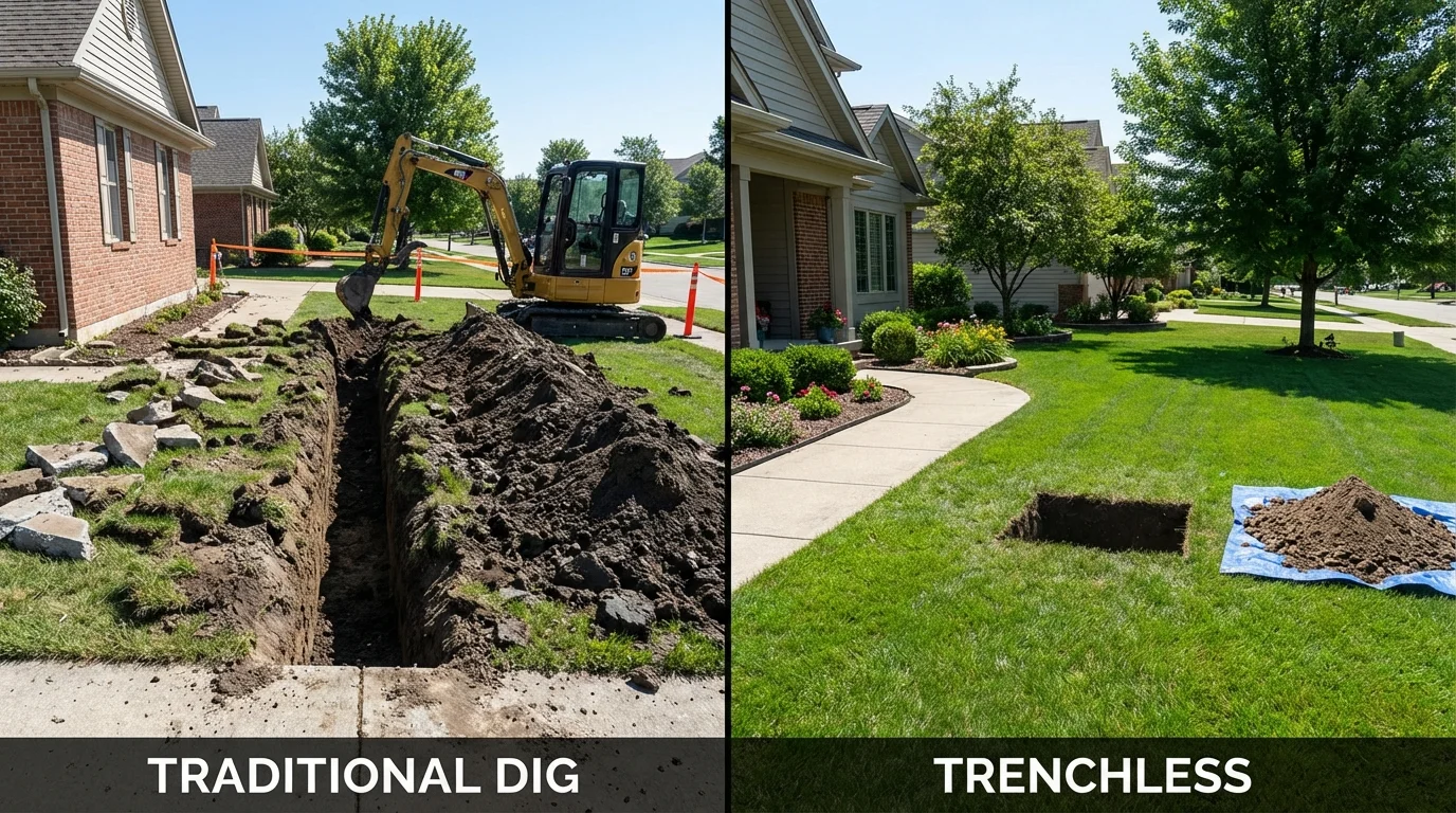 Trenchless sewer repair with minimal yard damage versus traditional excavation in Manchester, CT