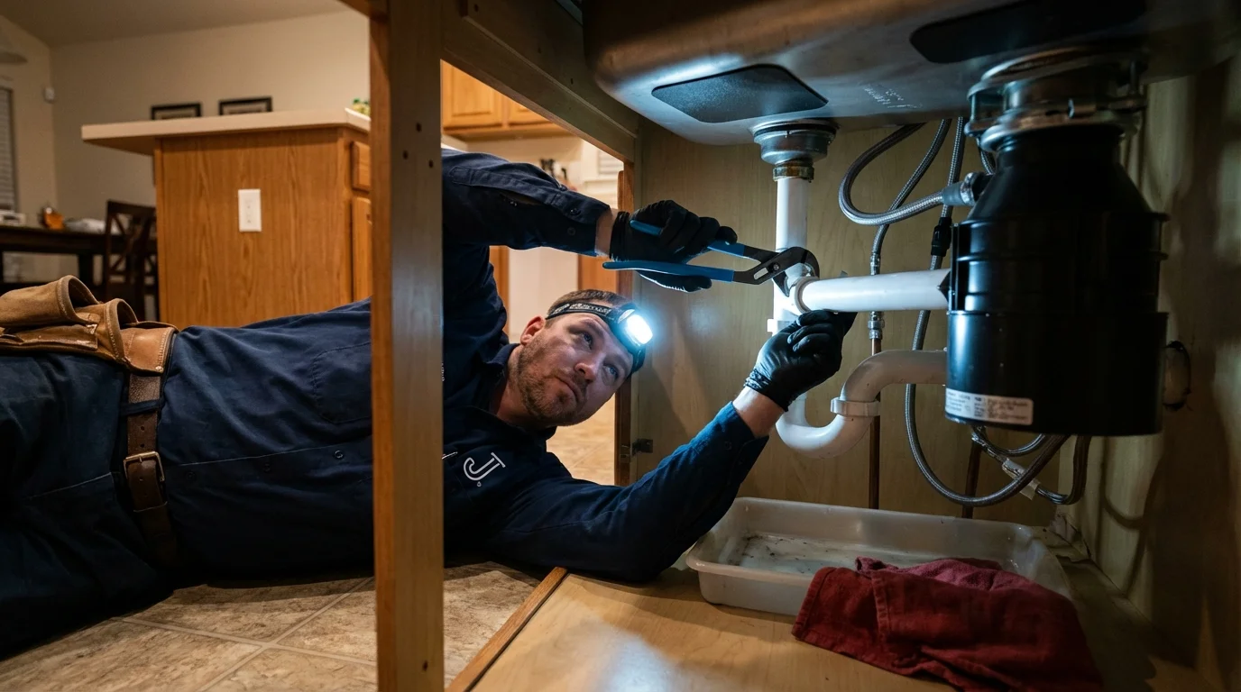 P-trap and supply line connections under a kitchen sink showing a common leak point in Manchester, CT